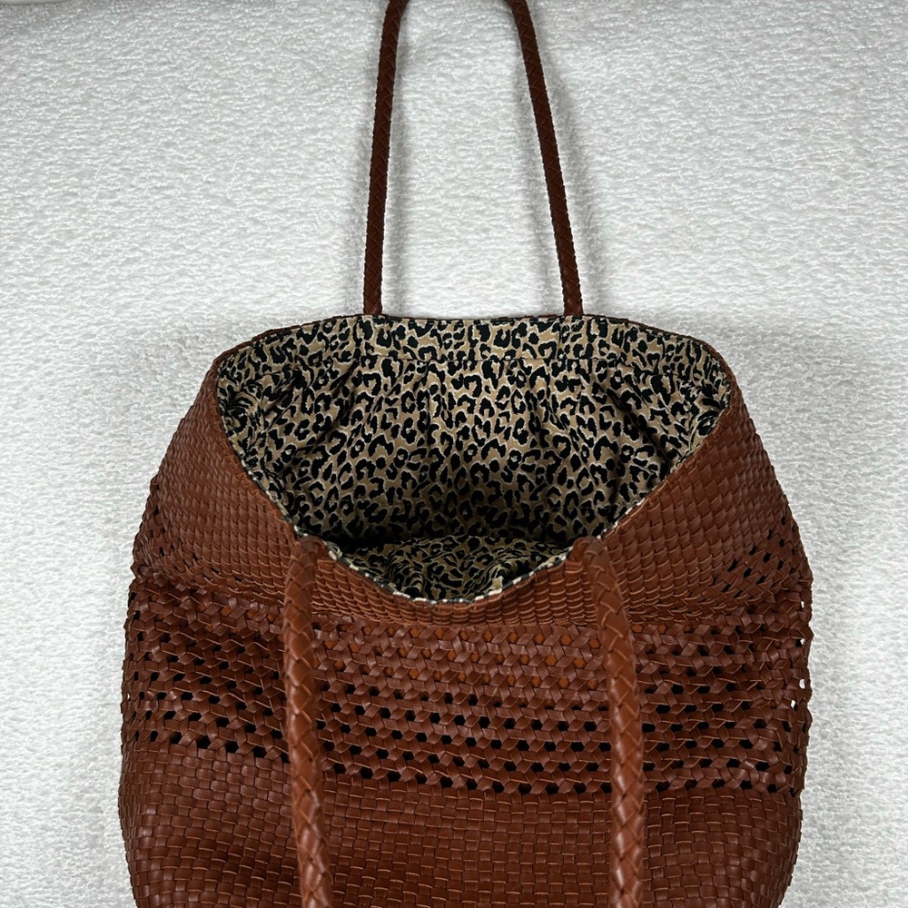 Talbots Woven Leather Tote Bag 100% Cotton Lining with Drawstring - Picture 4 of 14
